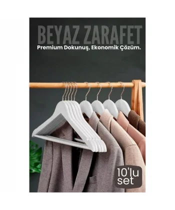10lu Lüks Beyaz Elbise Ceket Askısı - Ergonomik & Kaymaz Plastik Askı Seti -  Ahşap Görünümlü