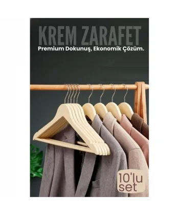 10lu Lüks Krem Elbise Ceket Askısı - Ergonomik & Kaymaz Plastik Askı Seti -  Ahşap Görünümlü