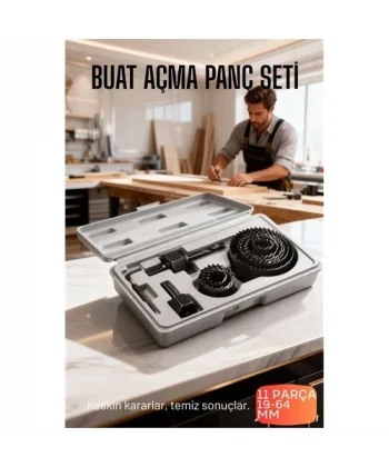 11 Parça Profesyonel Panç Buat Açma Seti - Ahşap ve Alçıpan Delme Testere Seti (19-64 mm)