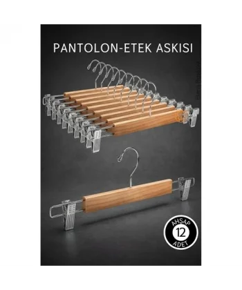 12 Adet Ahşap Pantolon Etek Askısı - Ayarlanabilir Gümüş Mandallı 36cm Organizer Set