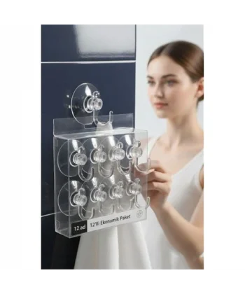 12li Şeffaf Askılı Vantuz Kanca | Banyo & Mutfak Duvar Askısı (4cm) - 1.36kg Taşıma