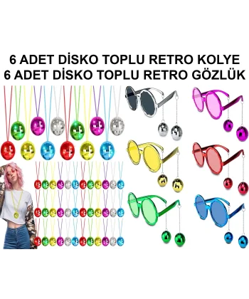 12 Parça Renkli Disko Toplu Retro Parti Seti – 6 Kolye + 6 Gözlük