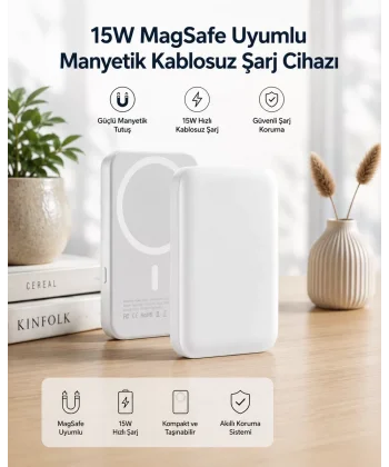 15W MagSafe Uyumlu Manyetik Kablosuz Powerbank 5000 mAh