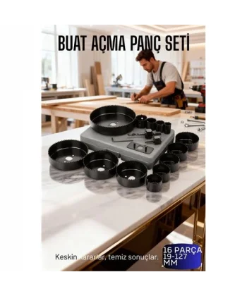 16 Parça Profesyonel Panç Buat Açma Seti - Ahşap ve Alçıpan Delme Testere Seti (19-127 mm)