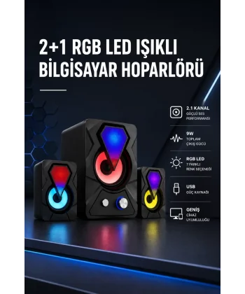 2+1 RGB LED Işıklı Güçlü Bas Sistemli Bilgisayar Hoparlörü