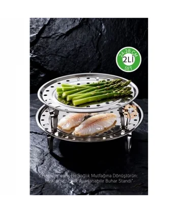 2li Set Inox Çelik Ayaklı Buharlı Pişirme Aparatı -  24+28 cm Çok Amaçlı Tencere İçi Haşlama Standı