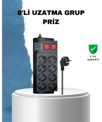 2 Metre Güçlü Çoklu Priz 8 Soket