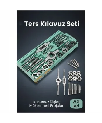 20 Parça Profesyonel Metrik Ters Kılavuz ve Pafta Seti M3-M12 - Hassas Diş Açma ve Onarım Takımı