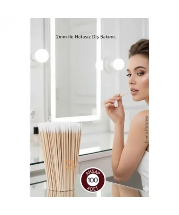2mm Ucu Pamuklu Ahşap Micro Swab Diş Bakım Çubuğu - 100 Adet Premium Hijyenik Bakım Çubuğu