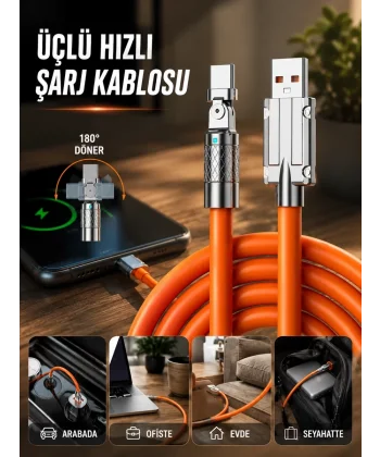 3 İn 1 Süper Hızlı Şarj Kablosu Android ve İOS Uyumlu Silikon Şarj Kablosu