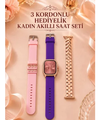 3 Kordonlu Rose Gold Kasalı Kadın Akıllı Saat Seti