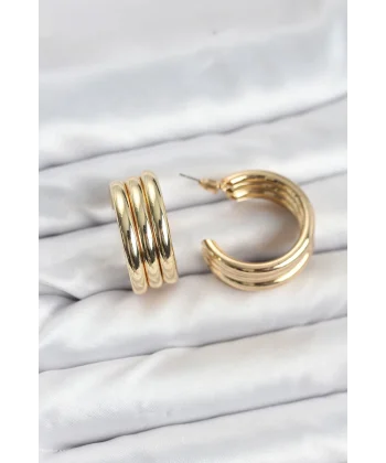 3lü Görünüm 316L Çelik Gold Renk Kadın Küpe