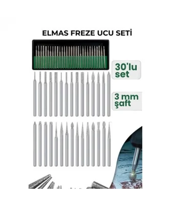30 Parça Elmas Freze Ucu Seti - 3mm Şaft Profesyonel Gravür Oyma ve Hassas Taşlama Seti