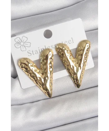 316 Çelik Gold Renk İşlemeli Kalp Model Kadın Küpe