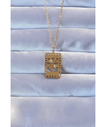 316L Altın Renk İşlemeli Yonca Model Vintage Kolye