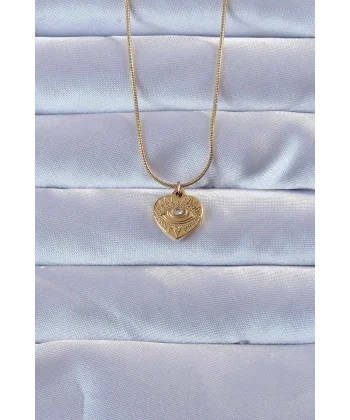 316L Altın Renk Zirkon Taşlı İşlemeli Göz Detay Kalp Kolye