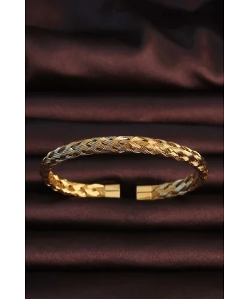 316L Çelik Altın Renk Kalın Yassı Örgü Model Erkek Bileklik