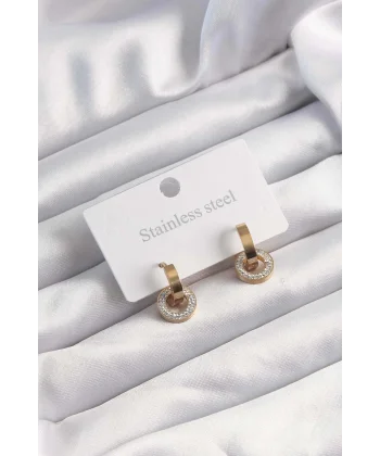 316L Çelik Altın Renk Zirkon Taşlı Halka Model Küpe