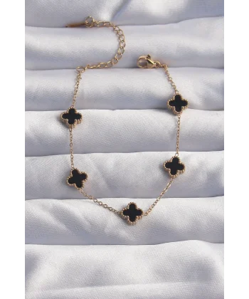 316L Çelik Baby Boy Gold Renk Siyah Mineli Yonca Bileklik