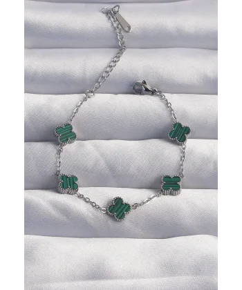 316L Çelik Baby Boy Gümüş Renk Çizgili Yeşil Mineli Yonca Bileklik