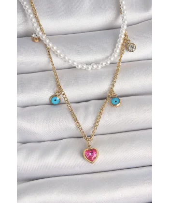 316L Çelik Gold Renk 2Li İnci Zincir Model Pembe Taşlı Kalp Figür Nazar Boncuk Detay Kadın Kolye