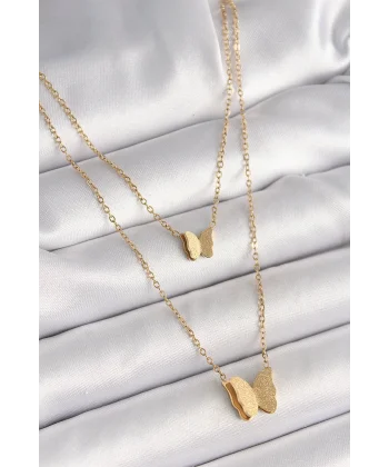 316L Çelik Gold Renk 2Li Simli Kelebek Model Kadın Kolye