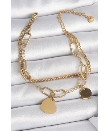 316L Çelik Gold Renk 2Li Zincir Model Sallantı Kalp Figür Kadın Bileklik
