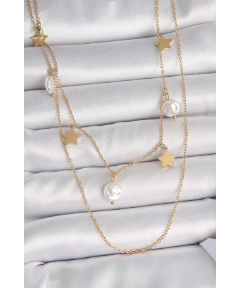 316L Çelik Gold Renk 2Li Zincir Sallantı Yıldız İnci Model Kadın Kolye
