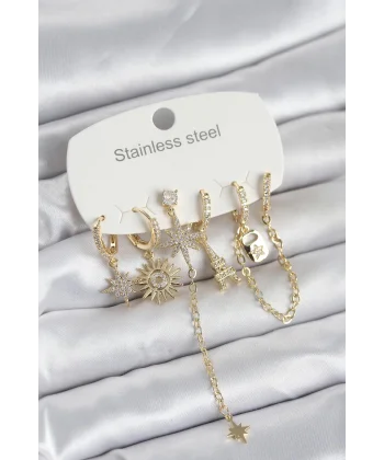 316L Çelik Gold Renk 6lı Set Charmlı Kadın Küpe