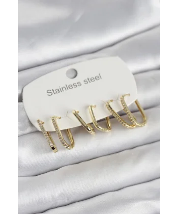 316L Çelik Gold Renk 6lı Set Geometrik Model Kadın Küpe