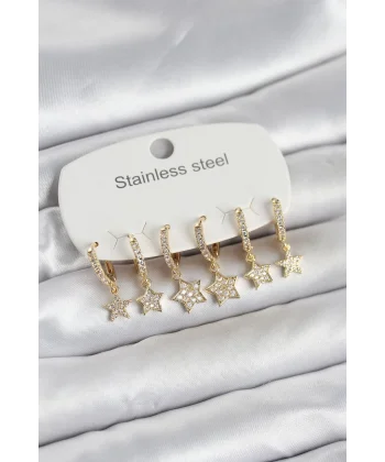 316L Çelik Gold Renk 6lı Set Yıldız Model Kadın Küpe