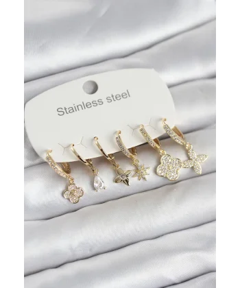 316L Çelik Gold Renk 6lı Set Yonca Model Kadın Küpe