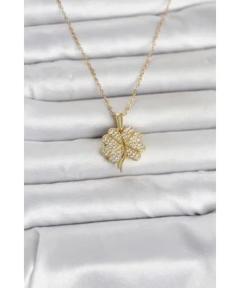 316L Çelik Gold Renk Açılabilir Yonca Model Zirkon Taşlı Kadın Kolye