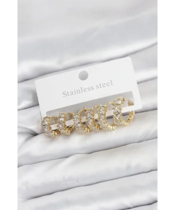 316L Çelik Gold Renk Baget Zirkon Taşlı Halka Küpe Seti