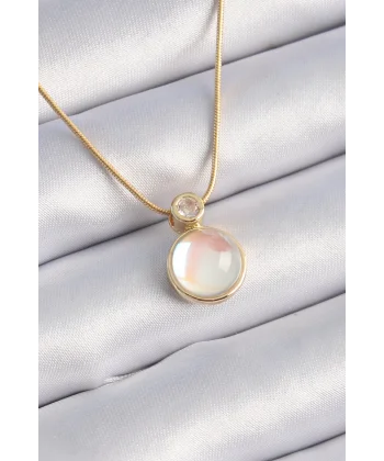 316L Çelik Gold Renk Beyaz Sedefli Vintage Kadın Kolye