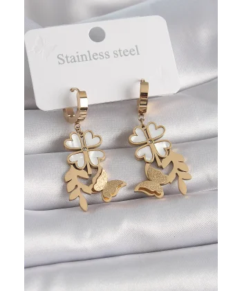 316L Çelik Gold Renk Beyaz Sedefli Yonca Simli Kelebek Figür Kadın Küpe