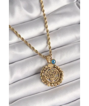 316L Çelik Gold Renk Burgu Zincir Dorika Yaşam Ağacı Figür Nazar Boncuk Detay Kadın Kolye