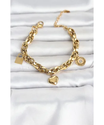 316L Çelik Gold Renk Charmlı Kalın Burgu Model Kadın Bileklik