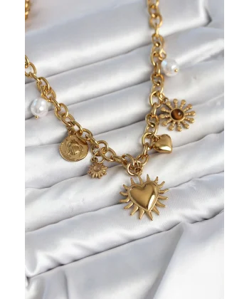 316L Çelik Gold Renk Charmlı Model Kadın Kolye