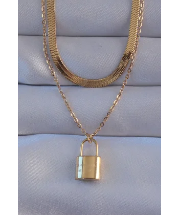 316L Çelik Gold Renk Çift Zincir Kilit Model Kolye