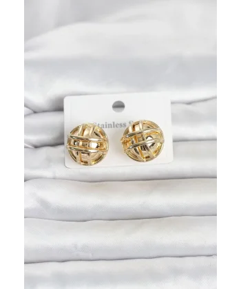 316L Çelik Gold Renk Desenli Top Model Kadın Küpe