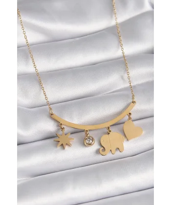 316L Çelik Gold Renk Fil Figür Zirkon Taş Detay Kadın Kolye