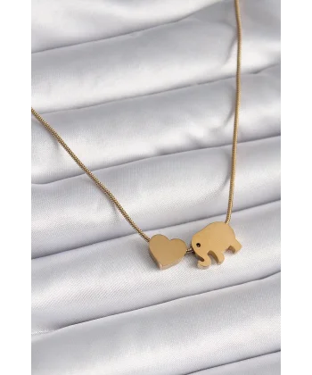 316L Çelik Gold Renk Fil Kalp Figürlü Kadın Kolye
