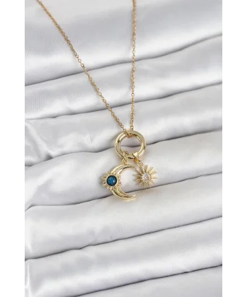 316L Çelik Gold Renk Gece Gündüz Tema Charmlı Kadın Kolye