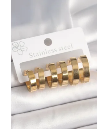316L Çelik Gold Renk Halka Model Kadın Küpe Seti