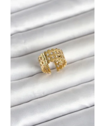 316L Çelik Gold Renk Hasır Model Kadın Yüzük