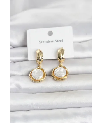 316L Çelik Gold Renk İnci Detaylı Kadın Küpe