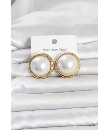 316L Çelik Gold Renk İnci Model Vintage Kadın Küpe