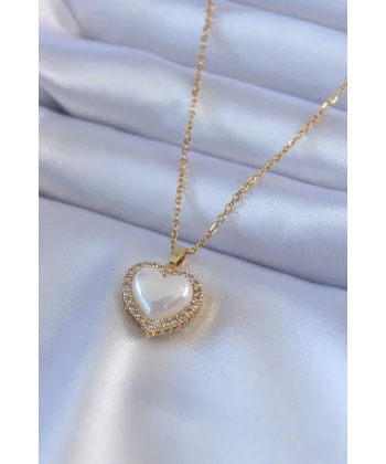 316L Çelik Gold Renk İncili Kalp Model Zirkon Taşlı Kadın Kolye