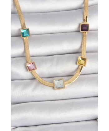 316L Çelik Gold Renk İtalyan Zincir Model Kare Renkli Zirkon Taşlı Kadın Kolye